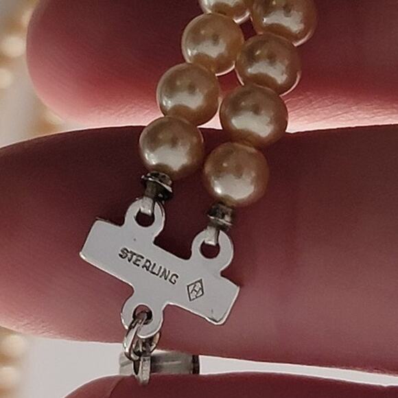 Vintage Cream Pearl Double Strand Necklace with Sterling Silver Beaded Jewelry - Picture 6 of 9